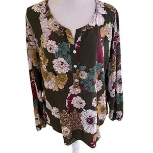 M Made in Italy Olive Multi-Color Floral Scoop Neck 3/4 Button Blouse S